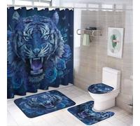 LUYYSKY Rustic Realistic Tiger Shower Curtain Decor Set,Modern Romantic Blue Rose Valentines Day Wildlife Bathroom Decor Sets With Rugs,Bathroom Shower Curtain Set