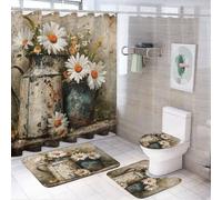 LUYYSKY Rustic Vintage Daisies 4Pcs Shower Curtain Sets,Modern Oil Painting Farmhouse Spring Flower Daisy Bathroom Sets with Non-Slip Rugs, Toilet Lid Cover And Bath Mat