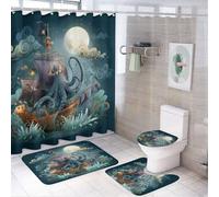 LUYYSKY Rustic Vintage Octopus Shower Curtain Decor Set,Gothic Nautical Ocean Pirate Ship Anime Theme Full Moon Bathroom Decor Sets With Rugs,Bathroom Shower Curtain Set