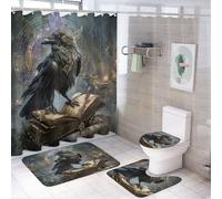 LUYYSKY Rustic Vintage Ravens 4Pcs Shower Curtain Sets,Colorful Fantasy Mid Century Magic Books Wildlife Gothic Crow Bathroom Sets with Non-Slip Rugs, Toilet Lid Cover And Bath Mat