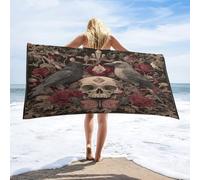 LUYYSKY Rustic Vintage Skull Skeleton Quick-Drying Beach Towel, Mid Century Gothic Animal Raven Butterfly Plant Red Rose Flowers Travel Vacation Single Sided Pile Bathroom Towels-80 W cm x 160" L cm