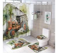 LUYYSKY Rustic Vintage Tractor 4Pcs Shower Curtain Sets,Realistic American Western Farmhouse Barn Old Red Tractor Sheep Bathroom Sets with Non-Slip Rugs, Toilet Lid Cover And Bath Mat