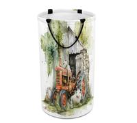 LUYYSKY Rustic Vintage Tractor Collapsible Dirty Clothes Basket, Realistic American Western Farmhouse Barn Old Red Tractor Sheep Portable Clothes Storage Basket