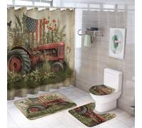 LUYYSKY Rustic Vintage Tractor Shower Curtain Decor Set,Realistic American Western Farm Wildflower Old Red Tractor Bathroom Decor Sets With Rugs,Bathroom Shower Curtain Set