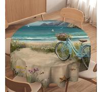 LUYYSKY Rustic Watercolor Coastal Beach Waterproof Round Tablecloth Nautical Realistic Ocean Landscape Animal Seagull Bicycle Washable Table Cover for Kitchen-177.8" Wx177.8 L cm