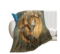 LUYYSKY Rustic Watercolor Japanese Crane Lightweight Flannel Blanket Classic Japanese Full Moon Animal Crane Pink Cherry Blossom Cozy Soft Throw Blanket, 76x100 cm