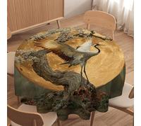 LUYYSKY Rustic Watercolor Japanese Crane Waterproof Round Tablecloth Classic Japanese Full Moon Animal Crane Pink Cherry Blossom Washable Table Cover for Kitchen