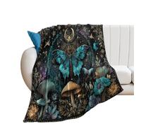 LUYYSKY Traditional Aesthetic Boho Butterfly Flannel Blanket Bedding Sofa Decor Classic Retro Natural Full Moon Animal Butterfly Mushroom Floral Soft Warm Throw Blanket, 76x100 cm