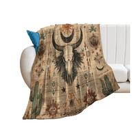 LUYYSKY Vintage Abstract Aztec Cactus Flannel Blanket Bedding Sofa Decor Classic Rustic Bohemian Retro Western Plants Cactus Cow Skull Skeleton Soft Warm Throw Blanket, 130x150 cm
