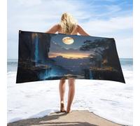 LUYYSKY Vintage Abstract Fairy Waterfall Absorbent Beach Towel, Modern Aesthetic Full Moon Enchanted Forest Pattern Outdoor Single-Sided Velvet Beach Towel-80 W cm x 160" L cm