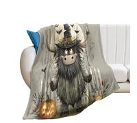 LUYYSKY Vintage Abstract Highland Cow Lightweight Flannel Blanket Modern Cute Halloween Full Moon Night Animal Cow Bat Plant Pumpkin Cozy Soft Throw Blanket, 130x150 cm