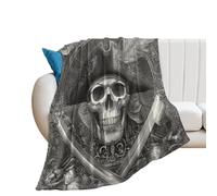 LUYYSKY Vintage Abstract Viking Skeleton Flannel Blanket Bedding Sofa Decor Modern Mid Century Exotic Nordic Pirate Skull Skeleton Soft Warm Throw Blanket, 76x100 cm