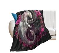 LUYYSKY Vintage Abstract Yin Yang Dragon Flannel Blanket Bedding Sofa Decor Modern Abstract Fantasy Animal Dragon Plants Pink Cherry Blossoms Soft Warm Throw Blanket, 76x100 cm