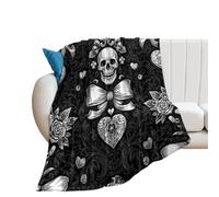 LUYYSKY Vintage Aesthetic Skull Skeleton Flannel Blanket Bedding Sofa Decor Modern Abstract Black White Bow Heart Pattern Soft Warm Throw Blanket, 100x130 cm