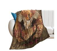 LUYYSKY Vintage Beautiful Japanese Crane Lightweight Flannel Blanket Colorful Classic Full Moon Animal Crane Pink Cherry Blossom Cozy Soft Throw Blanket, 76x100 cm