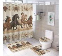 LUYYSKY Vintage Boho Horses 4Pcs Shower Curtain Sets,Rustic Abstract Tribal Farmhouse Western Desert Aztec Horse Bathroom Sets with Non-Slip Rugs, Toilet Lid Cover And Bath Mat