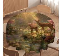 LUYYSKY Vintage Classic Wildlife Elk Waterproof Round Tablecloth Realistic Art Spring Forest Pink Flowers Hunting Theme Animal Deer Washable Table Cover for Kitchen-152.4" Wx152.4 L cm