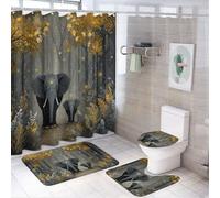 LUYYSKY Vintage Mid Century Elephants Shower Curtain Decor Set,Modern Rustic Fall Forest Tropical African Wildlife Bathroom Decor Sets With Rugs,Bathroom Shower Curtain Set
