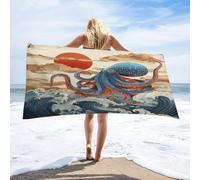 LUYYSKY Vintage Nautical Octopus Absorbent Beach Towel, Classic Abstract Japanese Red Sun Cloud Animal Octopus Ocean Waves Outdoor Single-Sided Velvet Beach Towel-80 W cm x 160" L cm