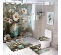 LUYYSKY Vintage Oil Painting Daisies 4Pcs Shower Curtain Sets,Rustic Modern Farmhouse Spring Flower Daisy Bathroom Sets with Non-Slip Rugs, Toilet Lid Cover And Bath Mat