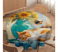 LUYYSKY Vintage Realistic Cute Cats Waterproof Round Tablecloth Modern Oil Painting Spring Window Plants Sunflowers Animal Kittens Pat Washable Table Cover for Kitchen-152.4" Wx152.4 L cm