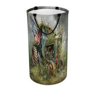 LUYYSKY Vintage Realistic Tractor Versatile Storage Laundry Basket, Rustic American Western Farm Wildflower Old Red Tractor Large Capacity Bathroom Hamper With Handle