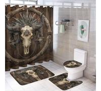 LUYYSKY Vintage Rustic Cow Skull Shower Curtain Decor Set,Classic Western Farm Hunting Lodge Cabin Cow Skull Antique Wheel Bathroom Decor Sets With Rugs,Bathroom Shower Curtain Set