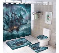 LUYYSKY Vintage Rustic Octopus Shower Curtain Decor Set,Nautical Gothic Ocean Pirate Ship Anime Theme Full Moon Bathroom Decor Sets With Rugs,Bathroom Shower Curtain Set