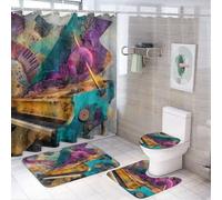 LUYYSKY Vintage Rustic Piano 4Pcs Shower Curtain Sets,Oil Painting Colorful Music Note Theme Instrument Piano Bathroom Sets with Non-Slip Rugs, Toilet Lid Cover And Bath Mat
