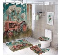 LUYYSKY Vintage Rustic Tractor Shower Curtain Decor Set,American Realistic Western Farm Wildflower Old Red Tractor Bathroom Decor Sets With Rugs,Bathroom Shower Curtain Set