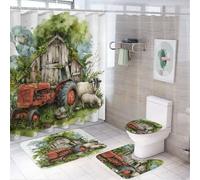 LUYYSKY Vintage Rustic Tractor Shower Curtain Decor Set,American Realistic Western Farmhouse Barn Old Red Tractor Sheep Bathroom Decor Sets With Rugs,Bathroom Shower Curtain Set