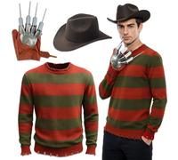 Luzcexs Adult Mens Halloween Costume Scary Killer Knitted Sweater Set | Includes Brown Hat and Glove Set Knitted Sweater Designed with Tattered at Neckline, Cuffs and Hem, Very Soft Touch, Stretchy