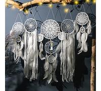 LUZLED 5 Pieces Macrame Dreamcatchers, Dream Catcher Wall Hanging, Dreamcatcher Moon and Stars Hanging Over The Bed, Feather Dream Catcher Wall Hanging Ornament (White)