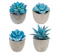 LUZOGA 4 Pack Blue Fake Succulent Plants in Pots, Mini Potted Artificial Succulents for Home Office Shelf Decor, Small Faux Succulents for Bathroom Bedroom Kitchen Desk Decorations