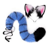LUZTACT Tiger Ears and Tail Set Plush Ears Headband with Black and Blue Stripes Tail Animal Costume Halloween Cosplay (Blue)
