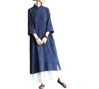 LUZU JUNU LZJN Spring Women Dresses Full Sleeve Stand Collar Vintage Cotton Linen Robe Cheongsam Dresses (Navy, One Size)