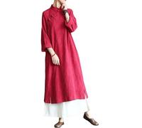 LUZU JUNU LZJN Spring Women Dresses Full Sleeve Stand Collar Vintage Cotton Linen Robe Cheongsam Dresses (Red, One Size)