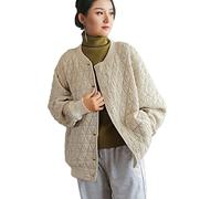 LUZU JUNU Women Quilted Jackets Lightweight Button Up Bomber Jacket with Pockets, Linen, One size