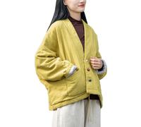 LUZU JUNU Women Winter Quilted Short Jackets Cotton Linen Open Front Coats Retro Hanfu Style Outerwear, Yellow, One size