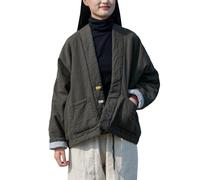 LUZU JUNU Women Winter Quilted Short Jackets Cotton Linen Open Front Coats Retro Hanfu Style Outerwear, Dark Green, One size