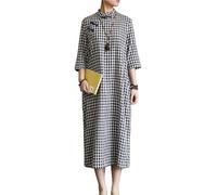 LUZU JUNU Women's Chinese Style Lightweight Cheongsam Breathable Printed Dress, Blue Check, One Size