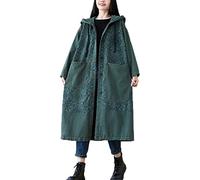 LUZU JUNU Women's Classic Long Jean Jacket Plus Size Loose Long Sleeve Button Down Denim Jacket Trench Coat, Dark Green, One size