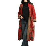 LUZU JUNU Women's Cotton Padded Floral Jacket Kimono Soft Quilted Flower Printed Long Loose Outwear Coats, Red Floral, One size