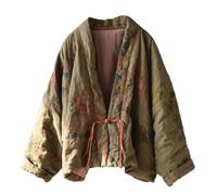 LUZU JUNU Women's Floral Printed Short Quilted Jacket Open Front V-Neck Shawl Collar Drop Shoulder Vintage Outwear, Vintage Green, One size