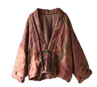 LUZU JUNU Women's Floral Printed Short Quilted Jacket Open Front V-Neck Shawl Collar Drop Shoulder Vintage Outwear, Vintage Red, One size