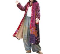 LUZU JUNU Women's Penny Lane Trench Coat Floral Patchwork Duster, Cotton Linen Frog Button Boho Cottagecore, Rose Plush Lining, L