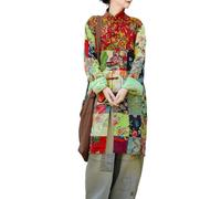LUZU JUNU Women's Penny Lane Trench Coat Floral Patchwork Duster, Cotton Linen Frog Button Boho Cottagecore, Green, XXL