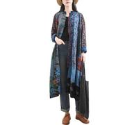 LUZU JUNU Women's Penny Lane Trench Coat Floral Patchwork Duster, Cotton Linen Frog Button Boho Cottagecore, Blue, XXL