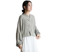 LUZU JUNU Women's Retro Button Down Shirts Open Front Long Sleeve Chinese Style Loose Fit Tang Suit Blouse Tops (as1, Alpha, one_Size, Regular, Regular, Light Grey)