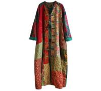 LUZU JUNU Women's Trench Coat Floral Print Jacket Chinese Style Patchwork Outwear(C,XL)
